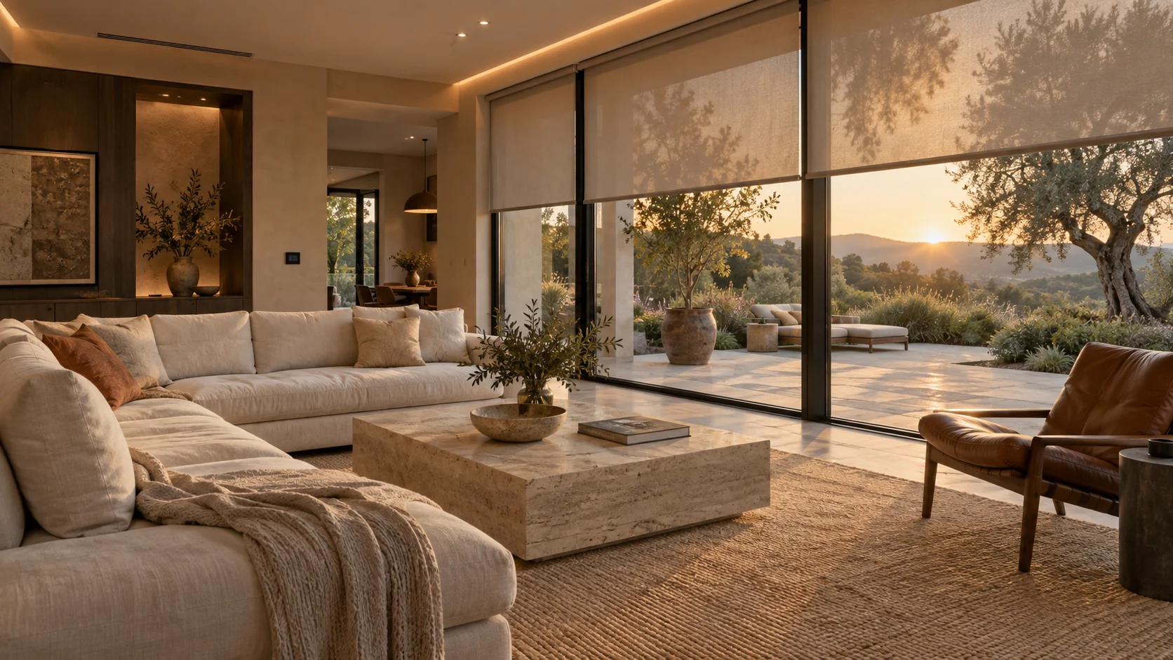 A warm contemporary living room with limestone, oak, soft integrated lighting and roller shades overlooking an olive garden at sunset — an AI-generated design concept.